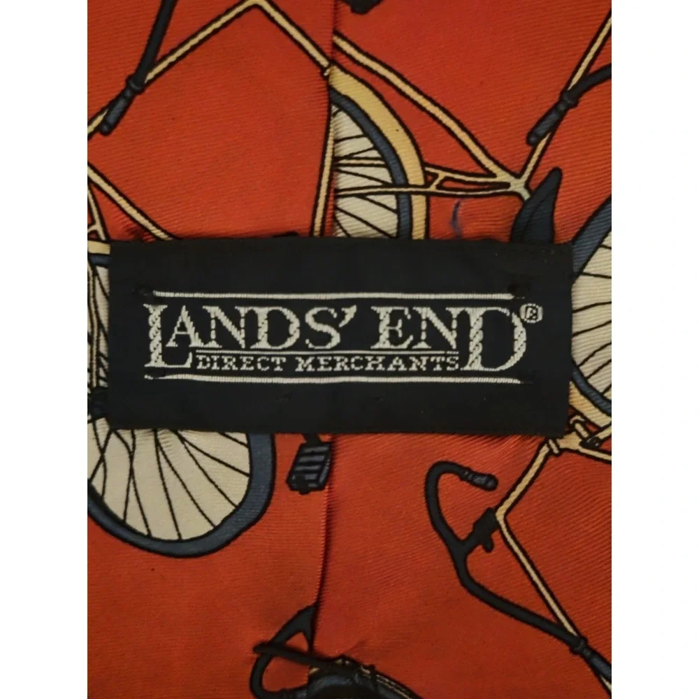 LANDS' END Mens Silk Necktie USA Made Vintage Touring  Bicycles  Red White Blue